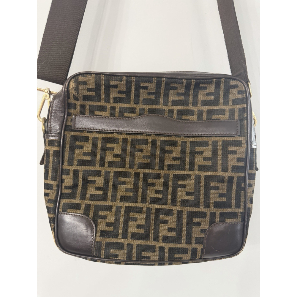Vintage Fendi Brown Logo Canvas And Leather Nylon Strap Designer Shoulder Bag - Picture 2 of 16